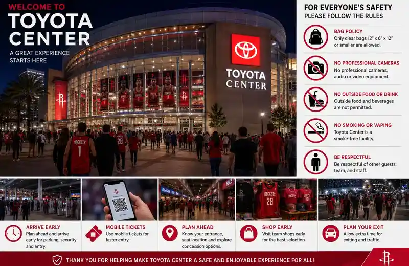 Toyota Center visitor entrance scene in Houston featuring security screening, mobile ticket scanning, clear bag policy checkpoints, guest services, arena staff assistance, concession areas, and fans entering the venue before a major event.